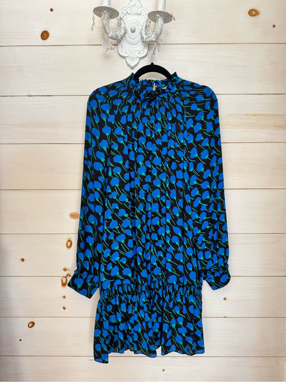 kate spade Black Blue and Green Floral Long-Sleeve Dress
